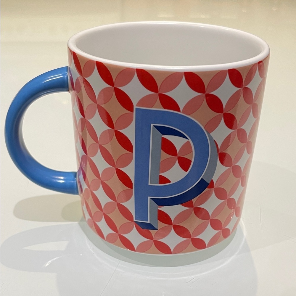 *NEW* Indigo Alphabet “P” Ceramic Red/Pink Geometric Pattern Blue Letter/Handle